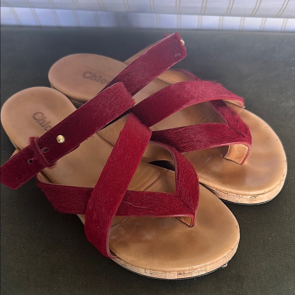 Chloe deep red pony hair sandals size 36